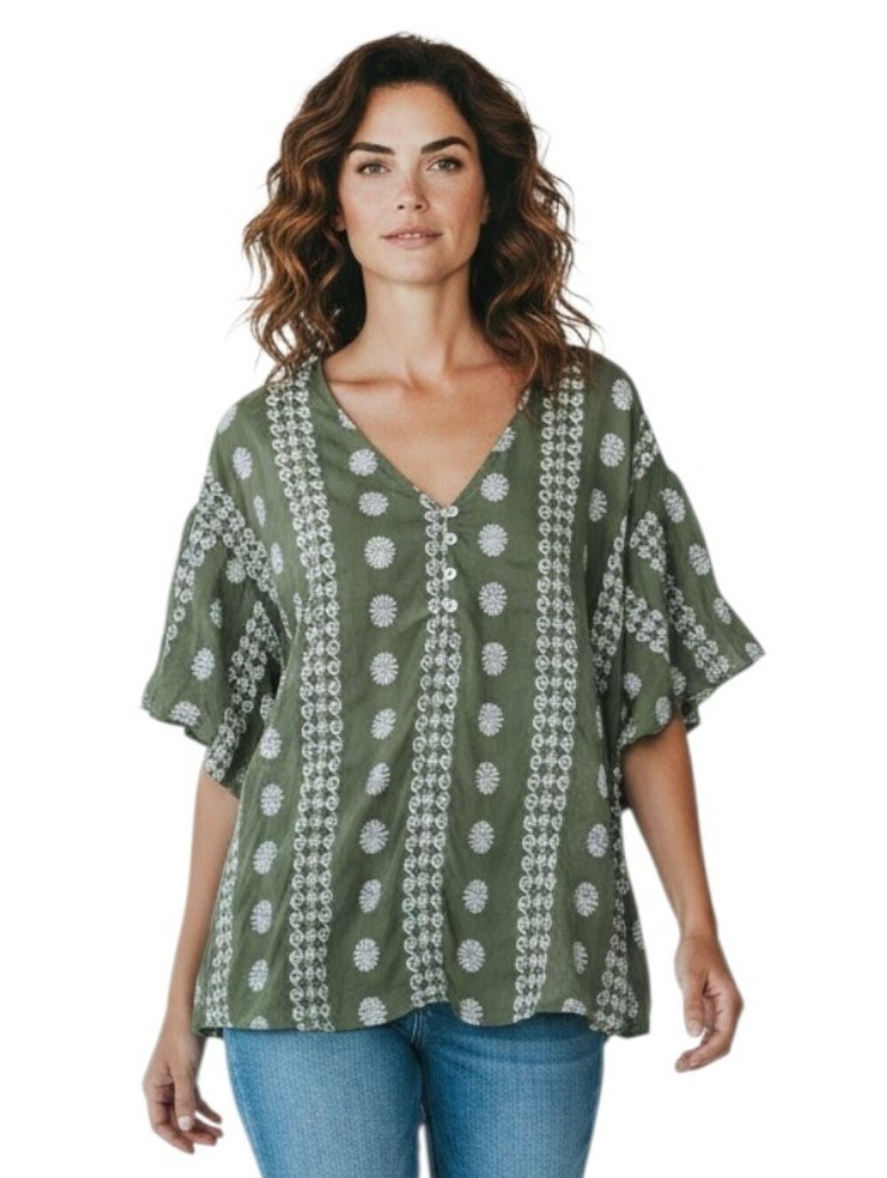 Cato Olive Chiffon Embroidered Flounce Ruffle Sleeve Top